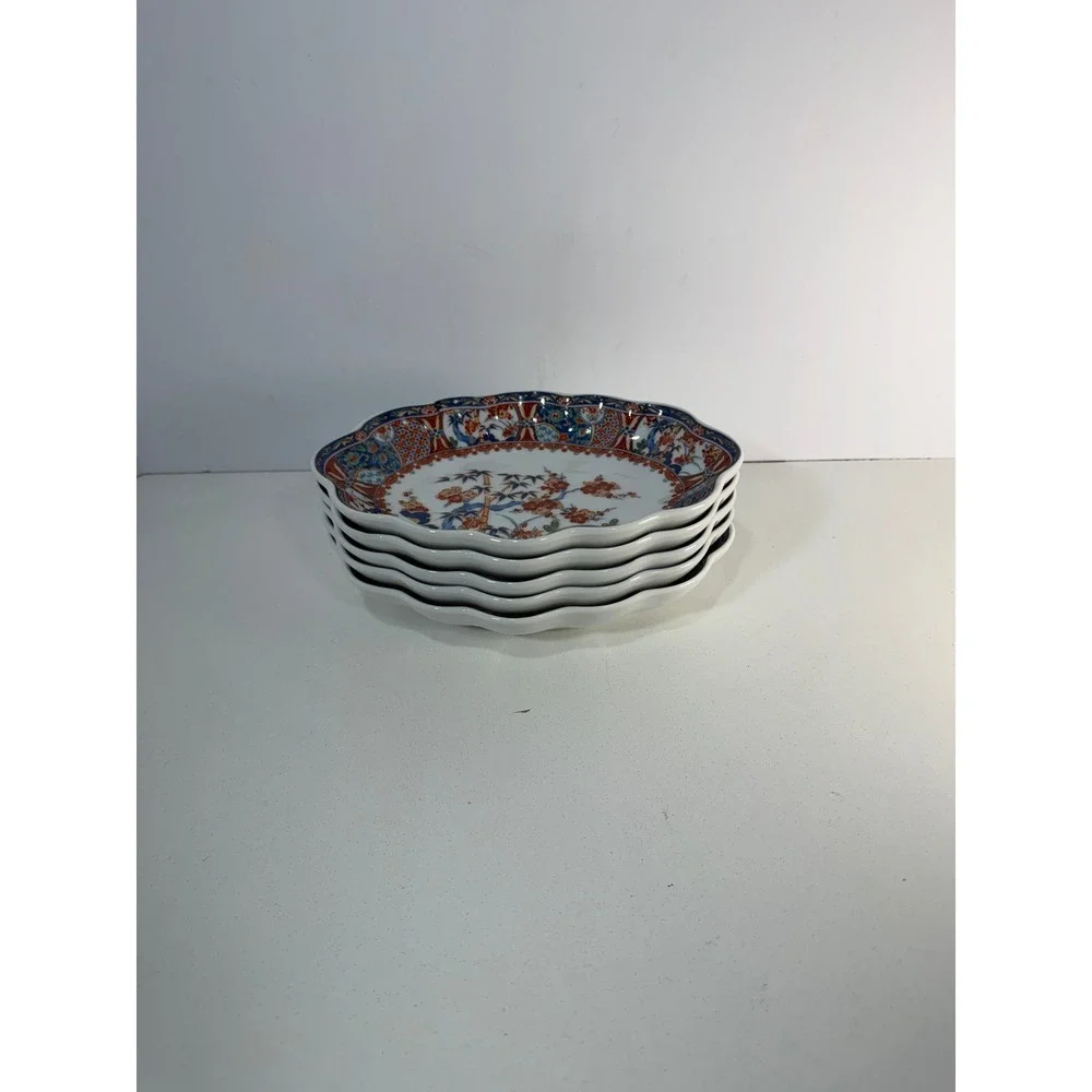 Japanese Arita Imari Porcelain Oval Scalloped Bowls Bamboo Floral Set of 5 Japan